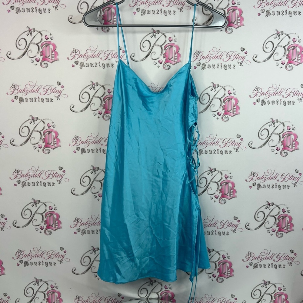 La SENZA dress lace up corset sides rhinestones shiny Turquoise Satin Chemise